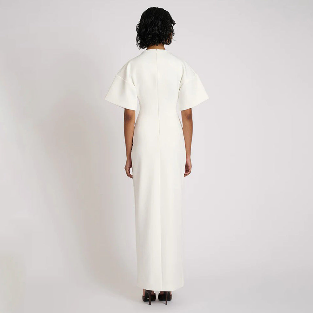 Pleated High Split Maxi Dress: Round Neck Bodycon Slim Fit for Women