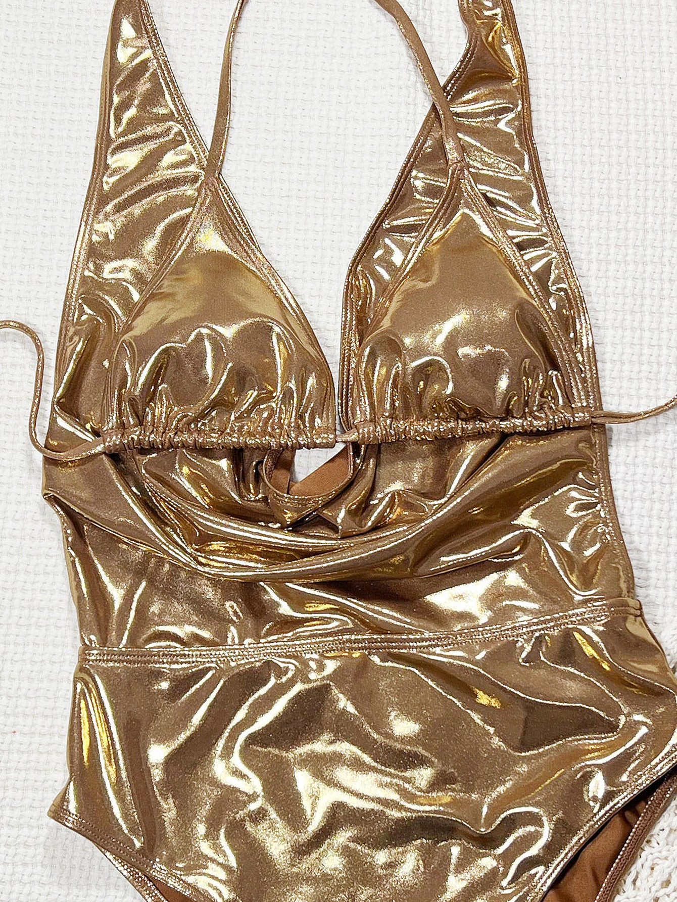 Gold Metallic Strap Tie One-Piece Swimsuit | Sleeveless Boho Vacation Swimwear | Gold | Sizes S-L