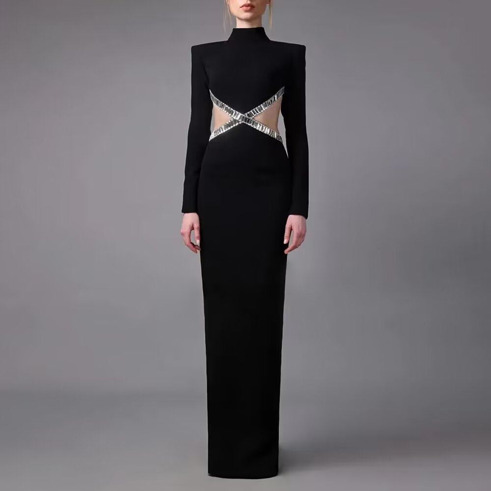 Rhinestone Cutout Bandage Dress: Long Sleeve Hollow-Out Bodycon