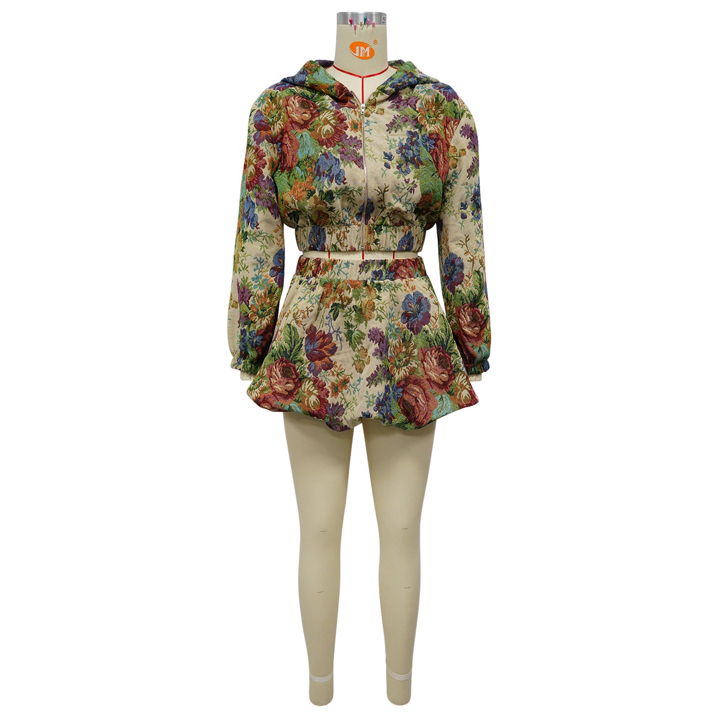 Jacquard Two Piece Skirt Set: Long Sleeve Zipper Top & Bodycon Mini Skirt