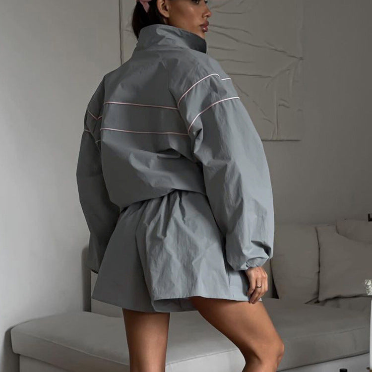Gray Zip-Up Jacket & Shorts Set - Loose Fit Collared Athleisure 2-Piece Set
