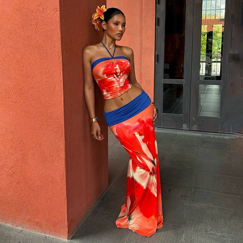 Red Floral Halter Crop Top & Maxi Skirt Set - Color Block Ring Tie 2-Piece Set