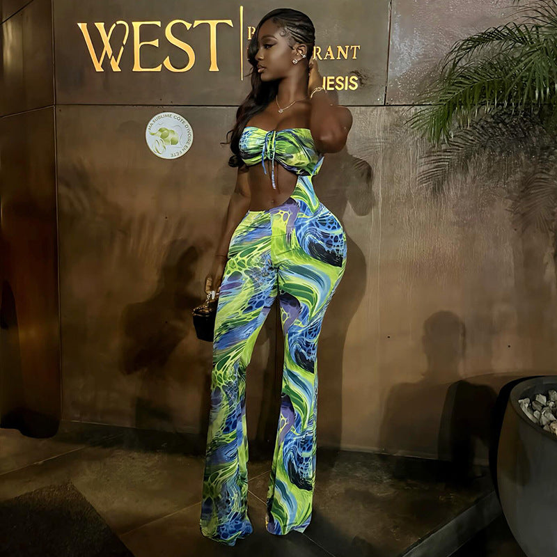 Green Floral Print Bandeau Jumpsuit - Backless Cutout Lace-Up Asymmetric Outfit
