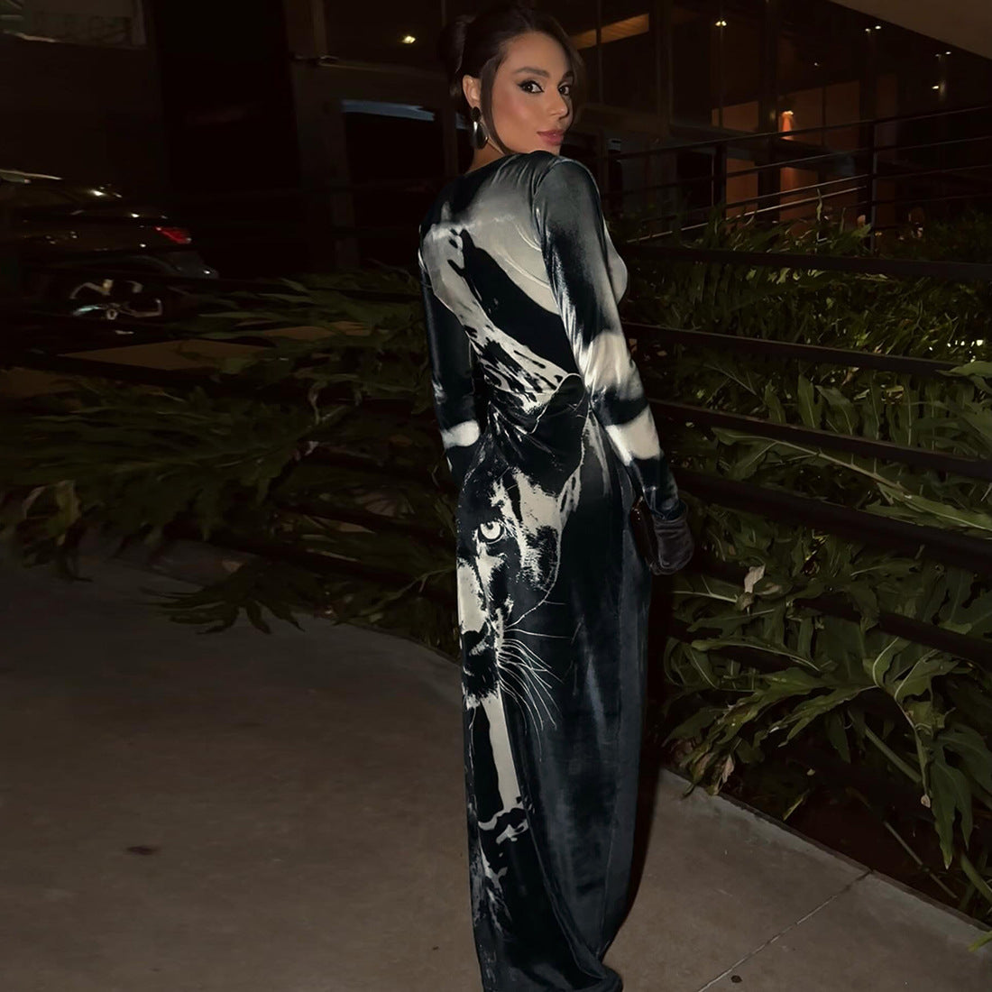 Elegant Printed Long-Sleeve Maxi Dress