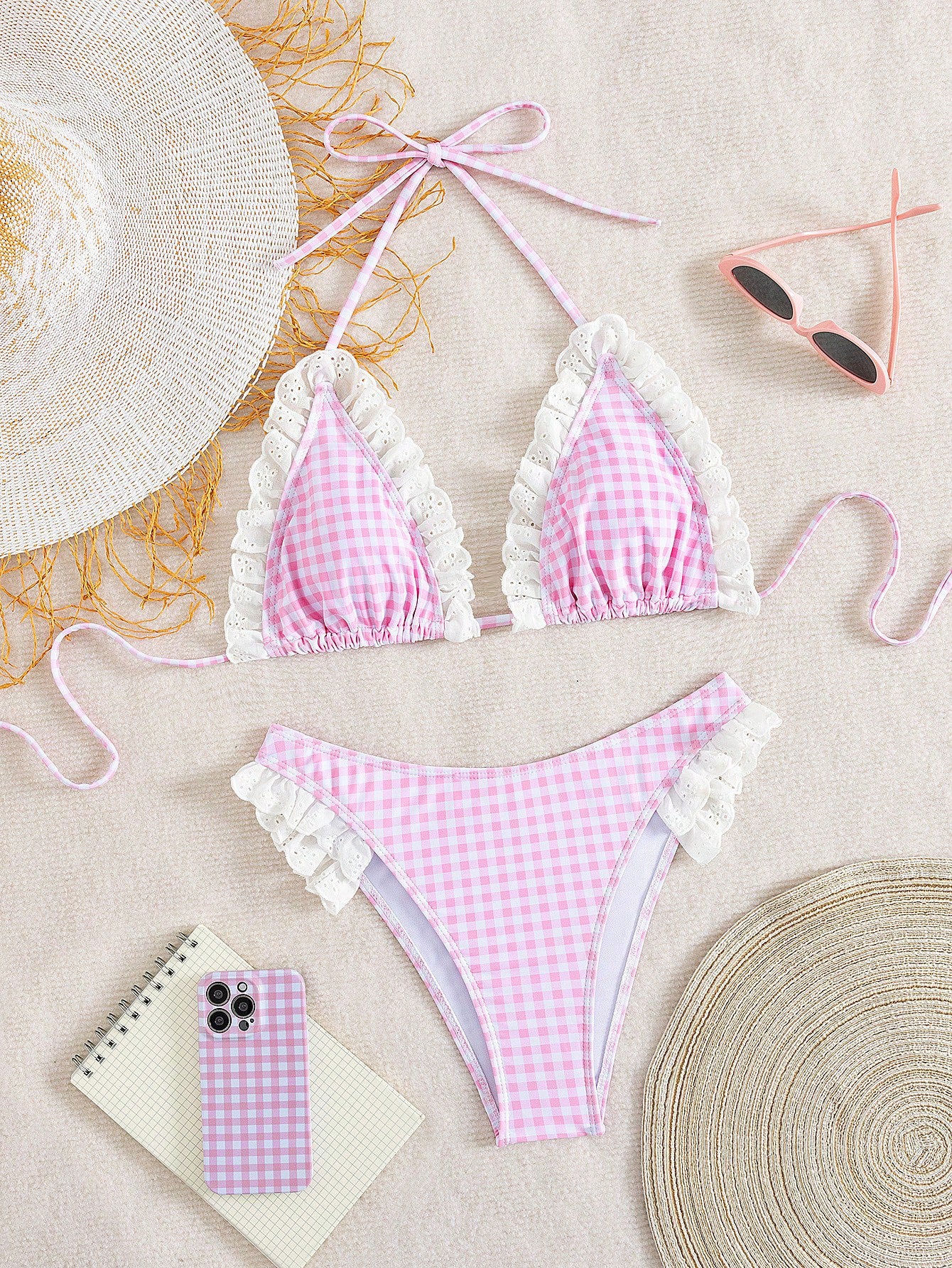 Lace Plaid Halter Bikini Set - Flounced Two Piece Swimsuit