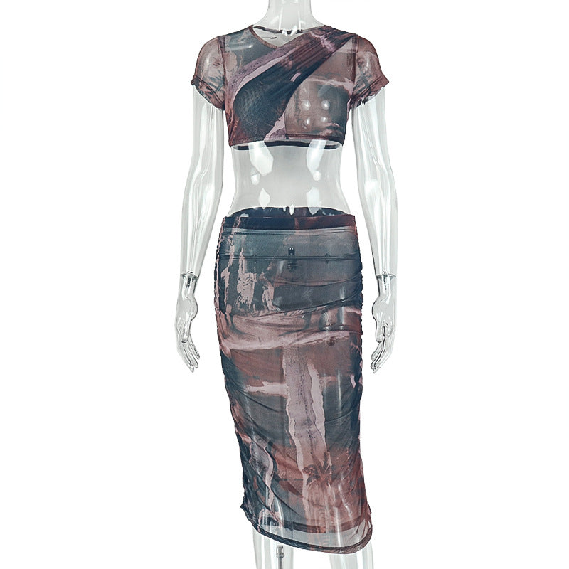 Abstract Print Crop Top & Midi Skirt Set - Short Sleeve Ruched Crew Neck 2-Piece Set
