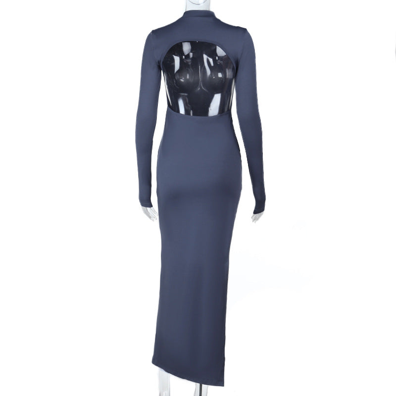 Sexy Half Turtleneck Evening Gown: Slim Fit Backless Long Sleeve Split Maxi Dress