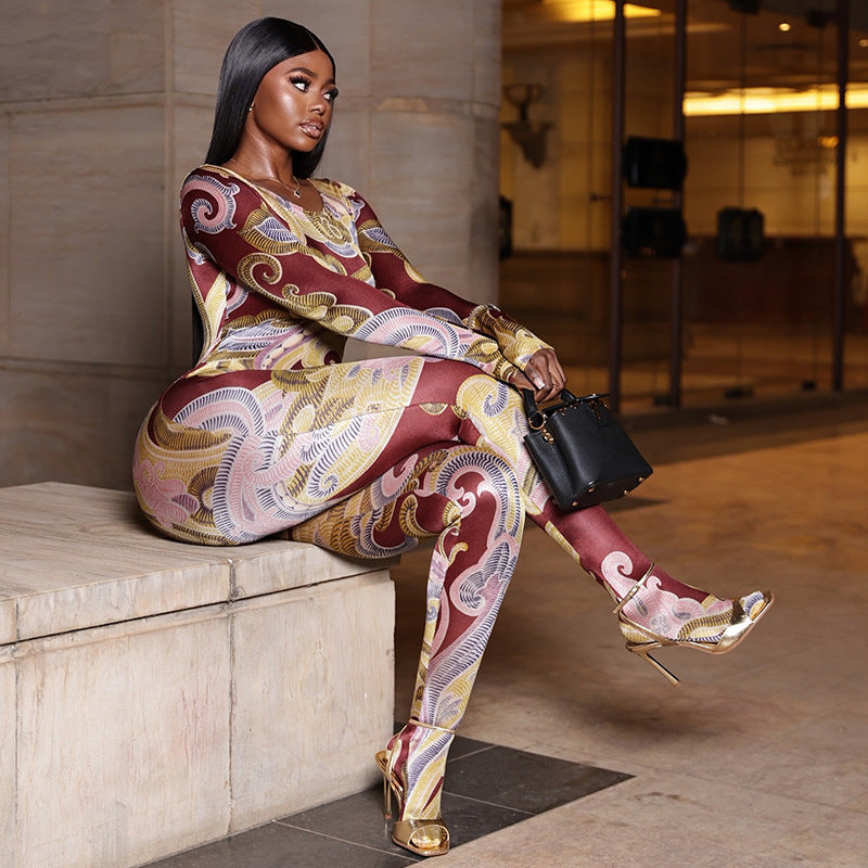 Women’s Printed Jumpsuit – Slim Fit Long Sleeve Crew Neck, Full Length