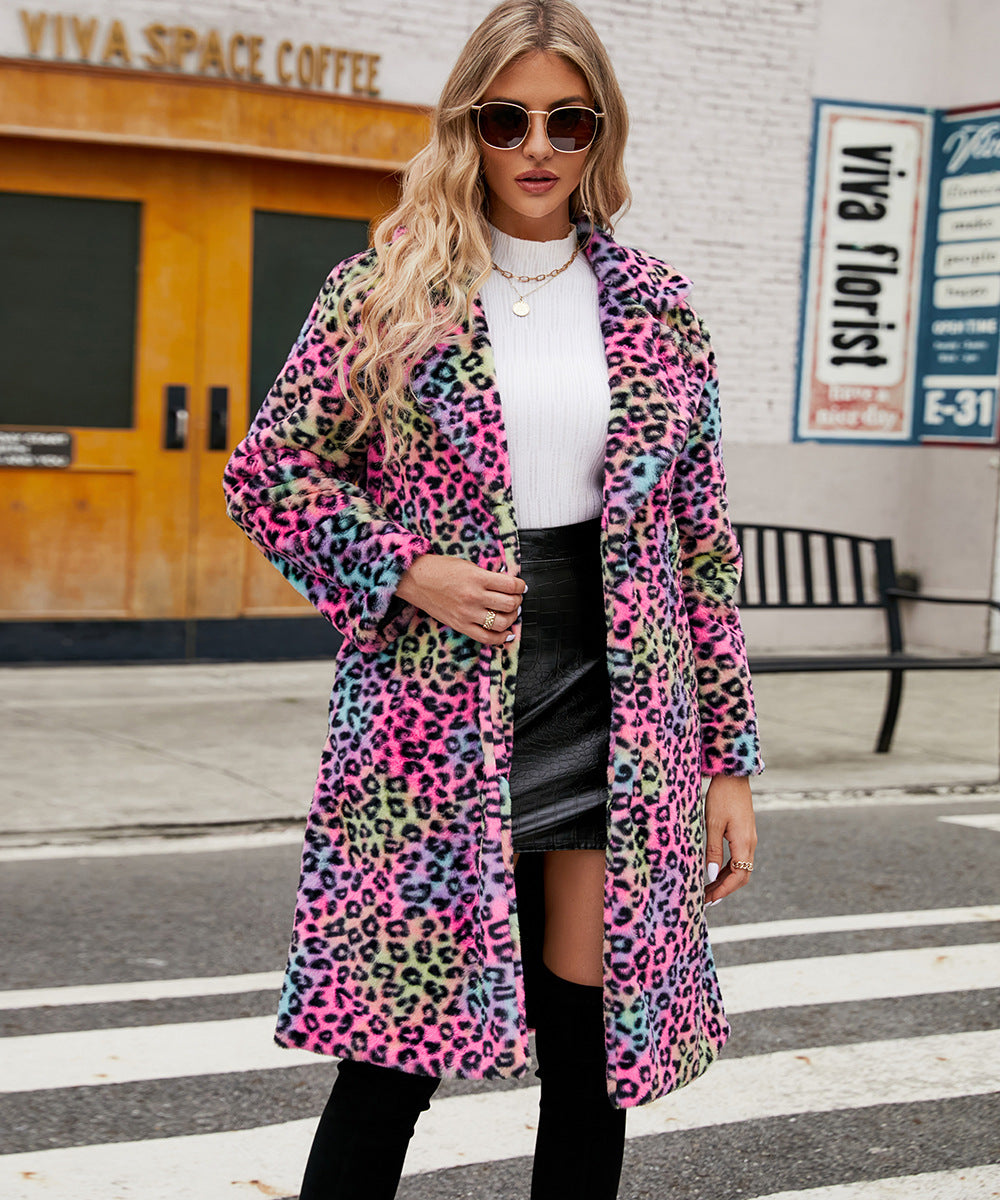 Casual Leopard Print Faux Fur Trench Coat: Square Collar Plush Longline Jacket