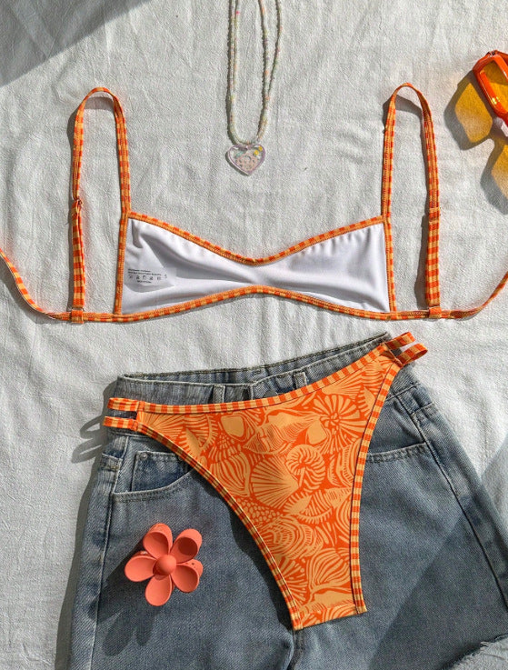 Printed Spaghetti Strap Cutout Bikini Set | Boho Beach Vacation Swimsuit | Orange | Sizes S-XL