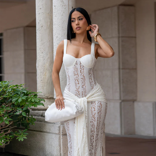 Women's Sheer Lace Maxi Dress – Sweetheart Bodycon Split Dress