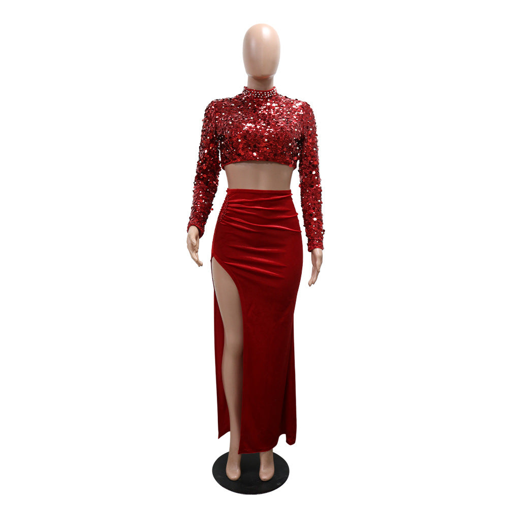 Red Velvet & Sequin Two Piece Set: Long Sleeve Top & High Slit Skirt