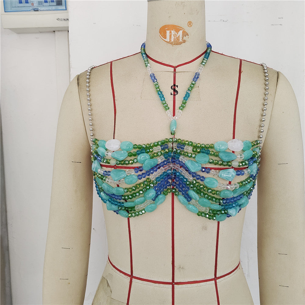 Turquoise Beaded Halter Crop Top - Chain Detail Color Block Festival Top