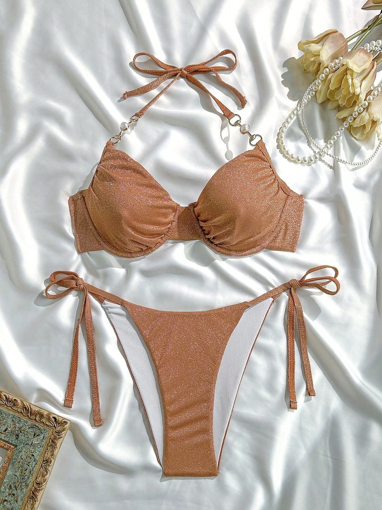 Beaded Halter Bikini Set0 Solid Color Two Piece Swimsuit