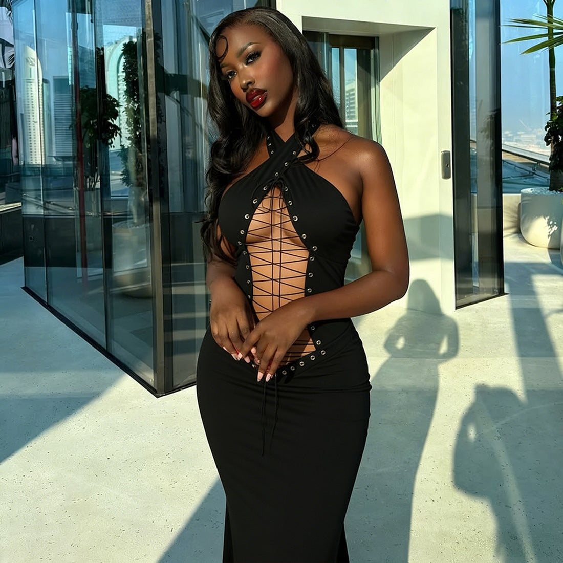 Black Halter Lace-Up Cutout Backless Maxi Dress - Cross Strap Bodycon Formal Dress