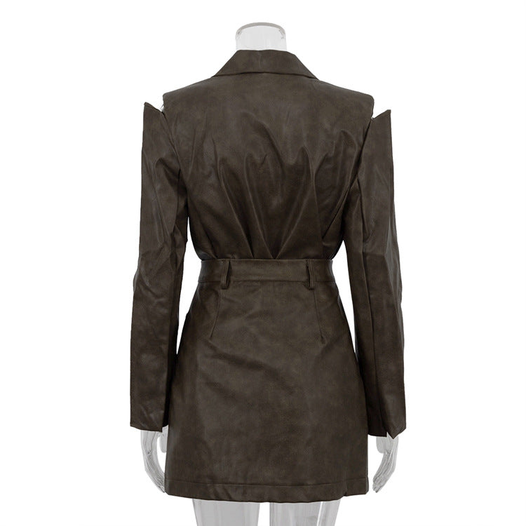 Retro Cutout Faux Leather Two-Piece Suit