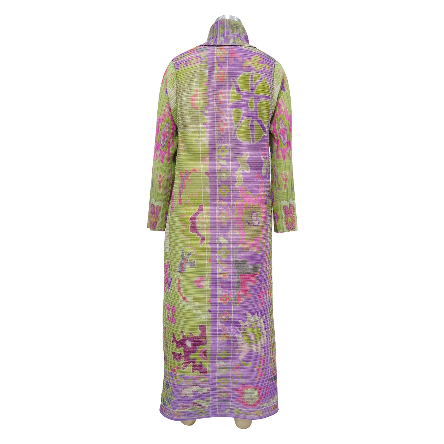 Elegant Printed Pleated Maxi Coat: Women's Long Statement Outerwear