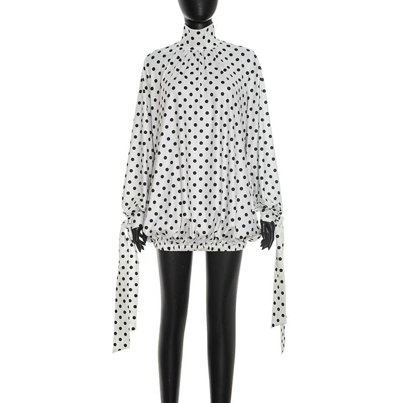 Women's Polka Dot Long Sleeve Mini Dress – High Neck Drawstring Bodycon Dress