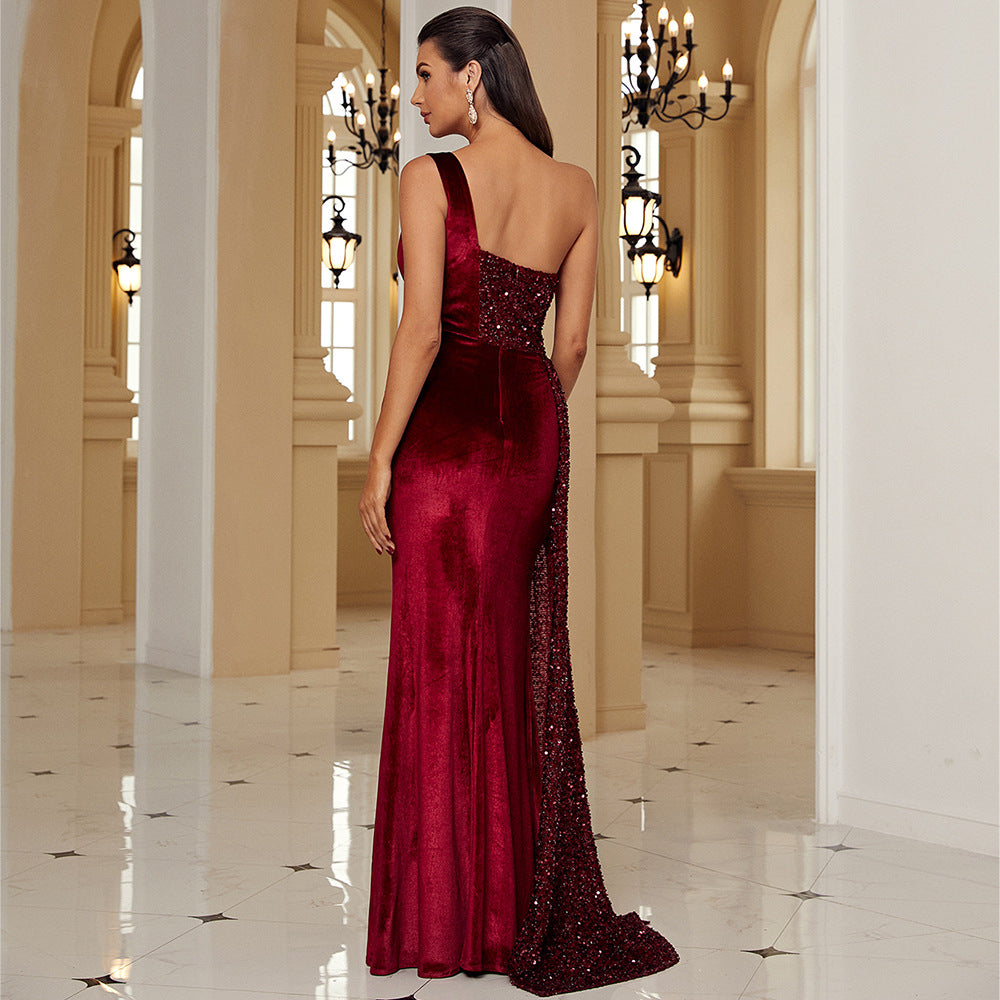 Sequined Backless Maxi Dress: Asymmetrical Collar Sleeveless Evening Gown