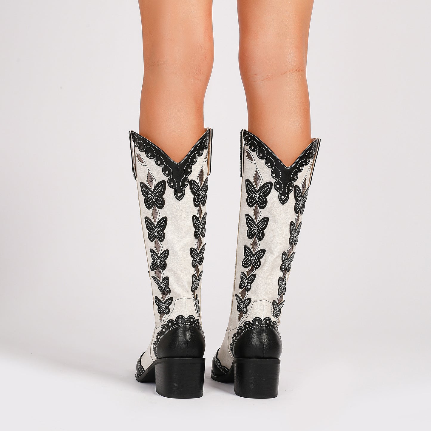 Chunky Heel Butterfly Denim Cowboy Boots