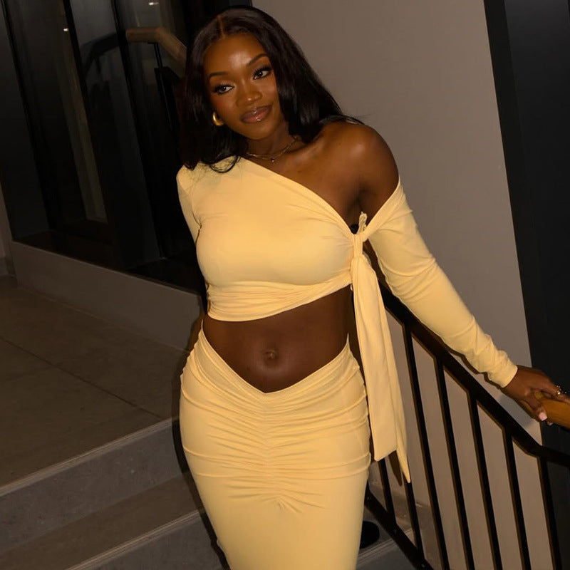 One Shoulder Asymmetric Crop Top & Midi Skirt Set | Ruched Long Sleeve Two-Piece Set | Yellow | Sizes S-L