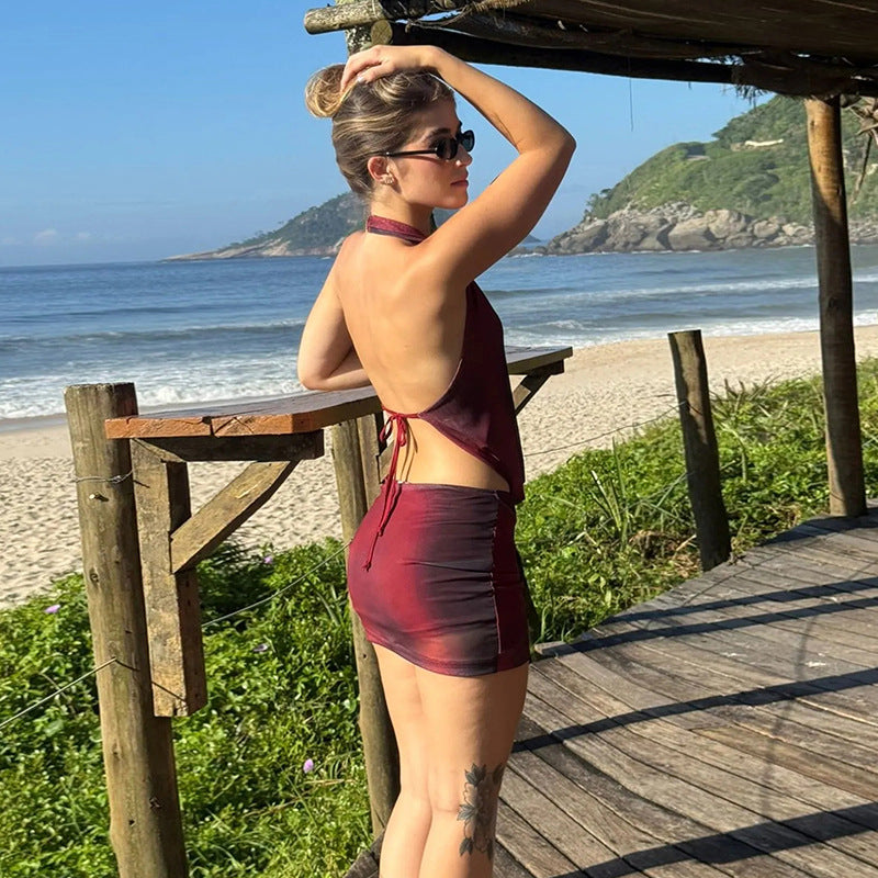 Backless Cowl Neck Top & Short Skirt Two-Piece Set | Cutout Tie Vacation Set | 3 Colors