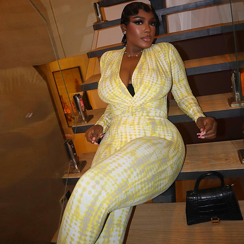 Women’s Yellow & White Printed Pleated Jumpsuit – Slim Fit V-Neck Long Sleeve, Full Length