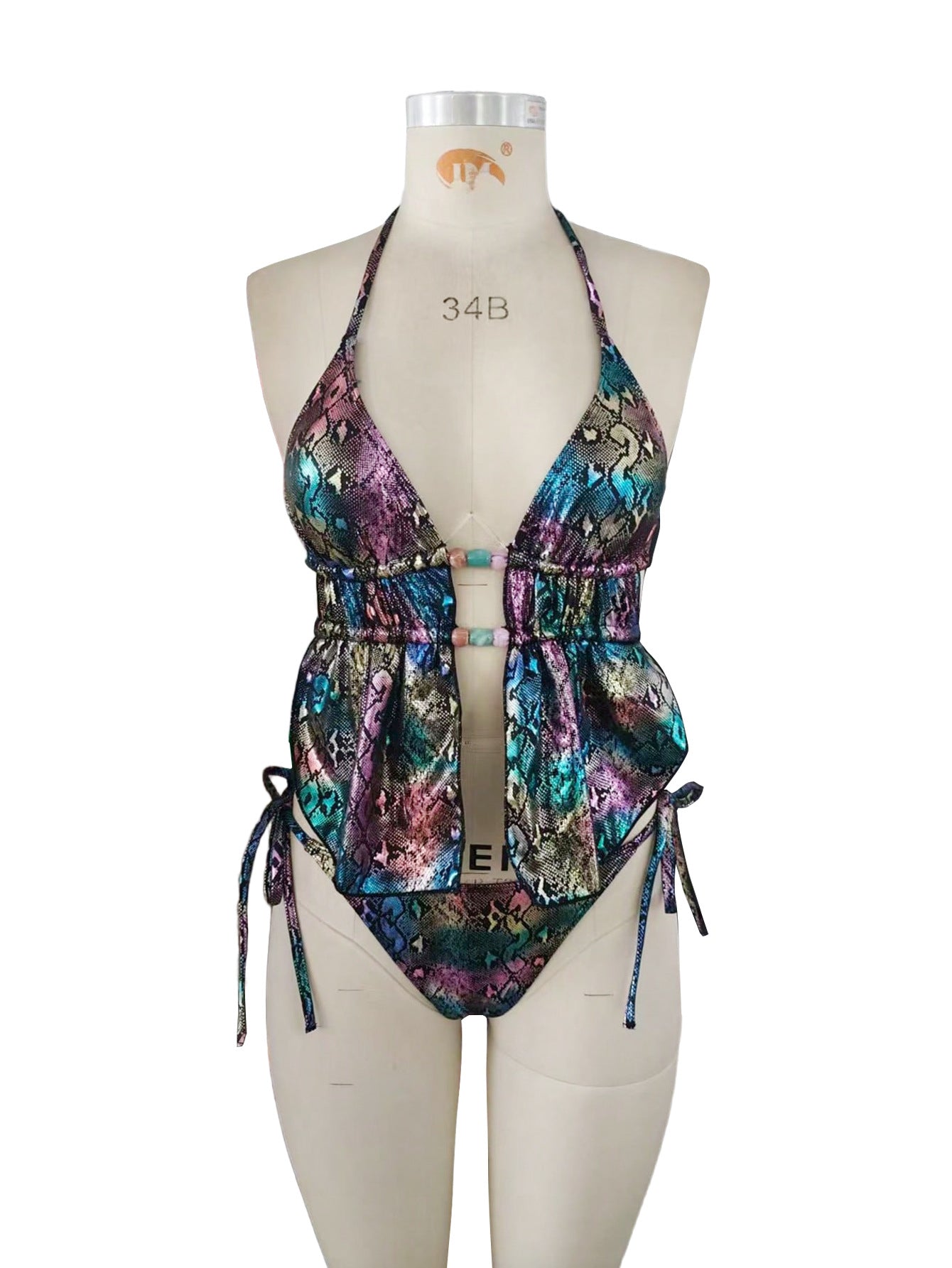 Animal Print Halter Swimsuit - Backless High Cut One Piece with Cutout Detail