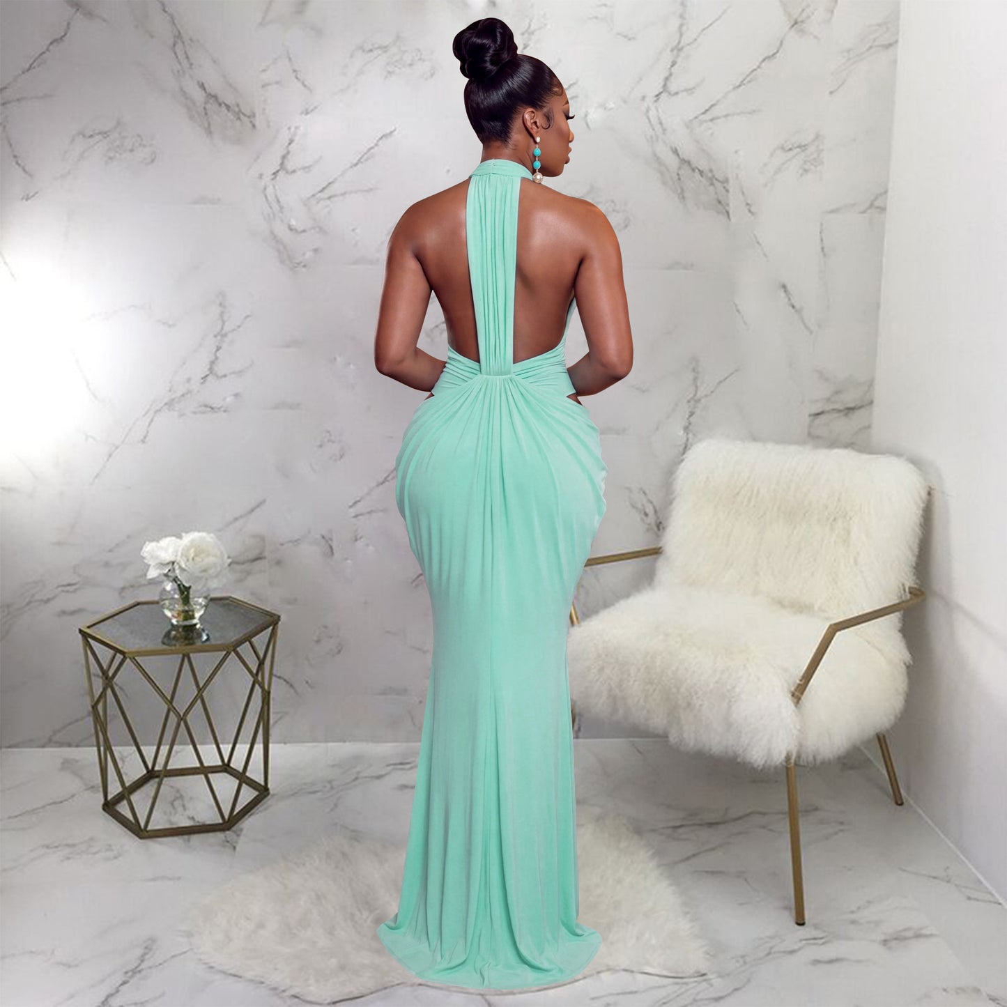Women's Halter V-Neck Maxi Dress – Sexy Backless Lace-Up Ruched Bodycon Dress