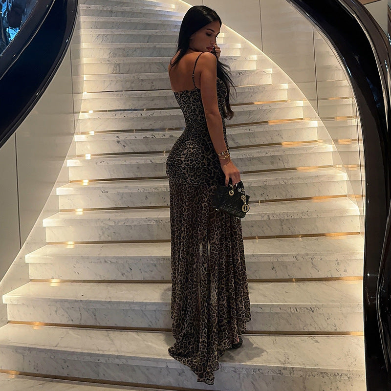 Leopard Print Corset Halter Split Maxi Dress | Backless Ruched Bodycon Formal Dress | Sizes S-L