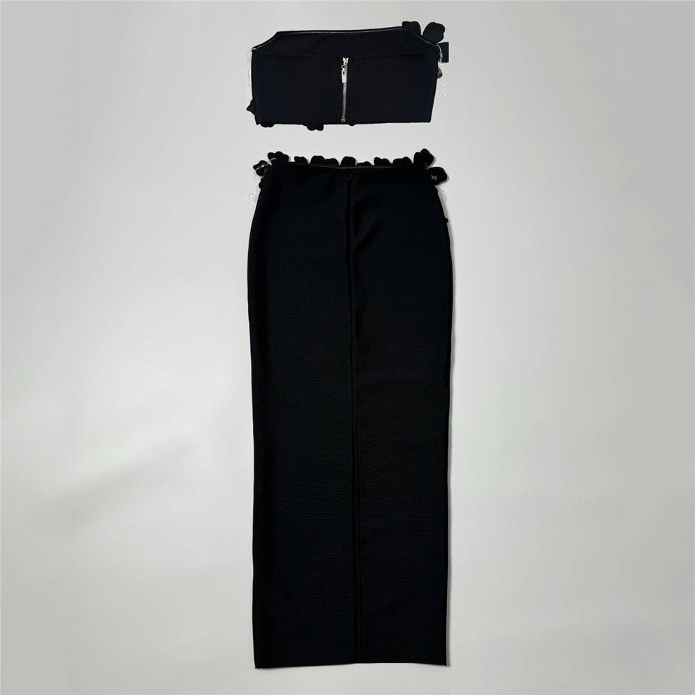 Floral Rhinestone Bandage Two Piece Set: Sexy Tube Top & High-Waist Long Skirt