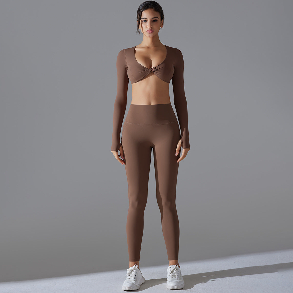 Women's Push-Up Long Sleeve Yoga Set – Twisted Detail Sports Bra & High Waist Leggings