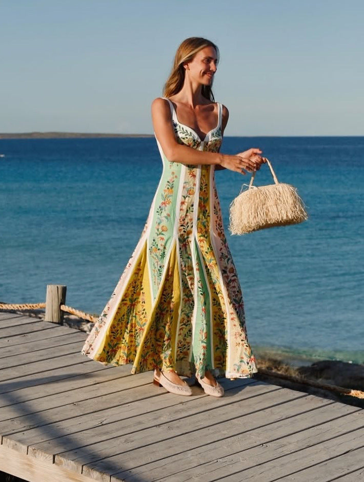 Floral Linen Maxi Dress - Suspender Strap V-Neck Vacation Dress