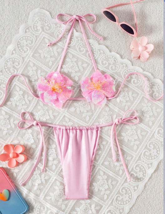 Sequined Floral Halter Bikini Set - Two Piece Swimsuit