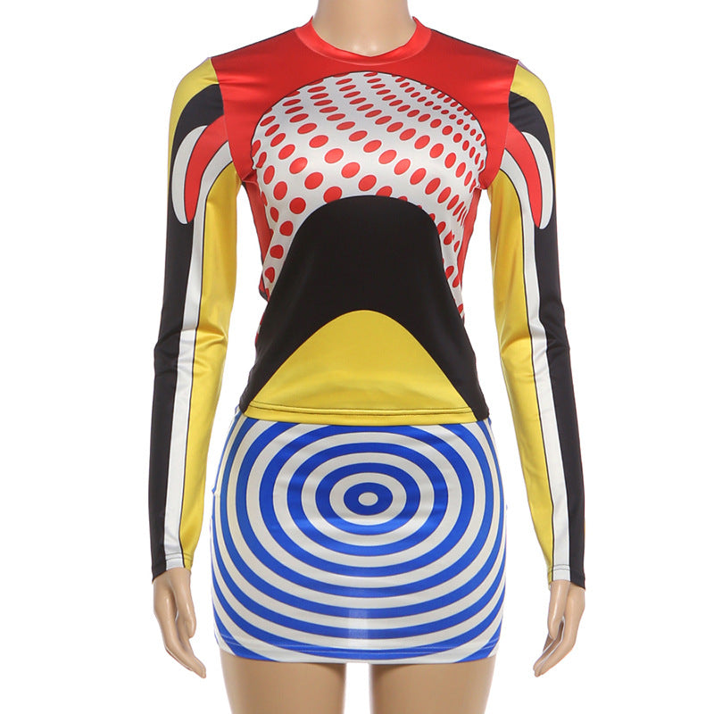Women's Color Block Two-Piece Set – Long Sleeve Crop Top & Mini Skirt