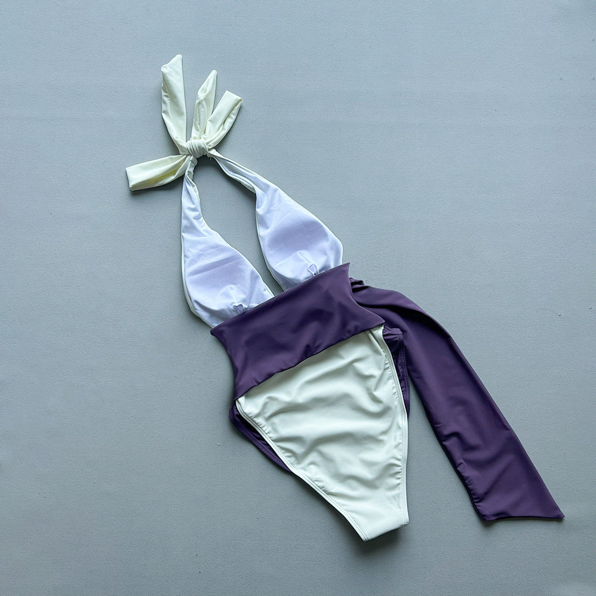 Color Block Ruched Tie One-Piece Swimsuit - Asymmetric Splicing Nylon Boho Swimwear