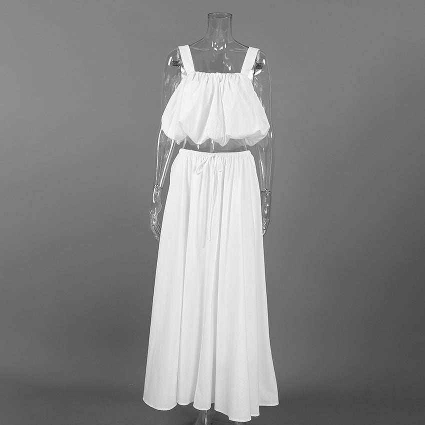 Cotton Square Neck Crop Vest & Maxi Skirt Two-Piece Set | Sleeveless Elegant Summer Set | White | Sizes S-L