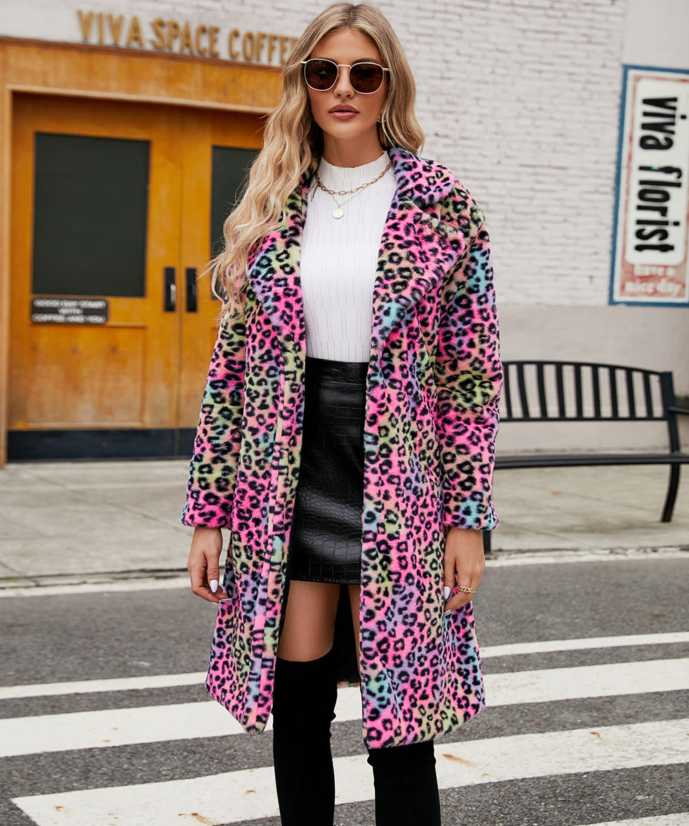 Casual Leopard Print Faux Fur Trench Coat: Square Collar Plush Longline Jacket