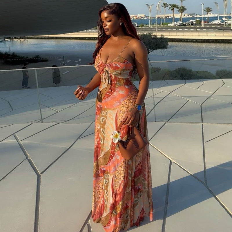 Printed Spaghetti Strap Backless Maxi Dress | Boho Vacation Dress