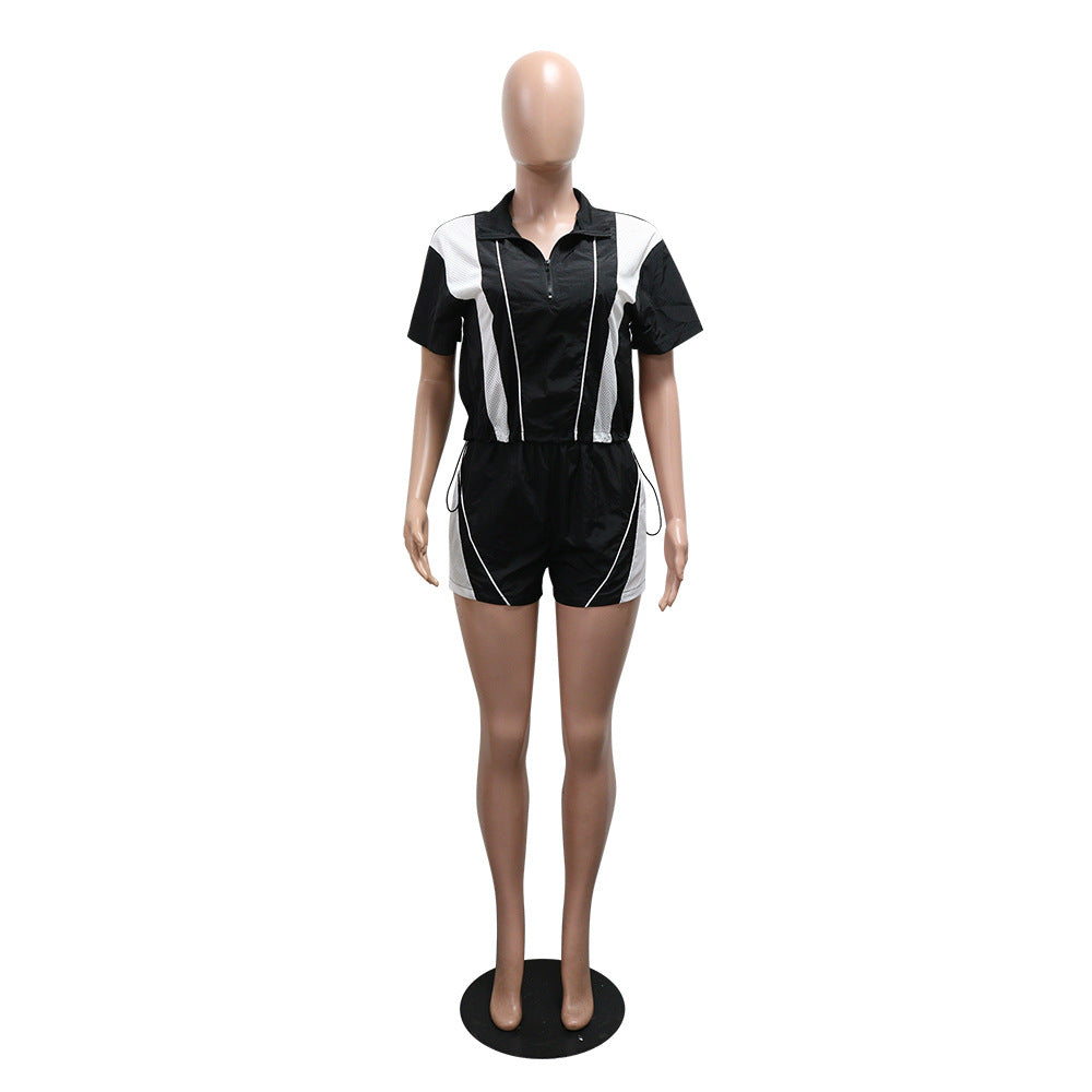 Two Piece Shorts Set - Color Block Zip Up Top & High Waist Shorts