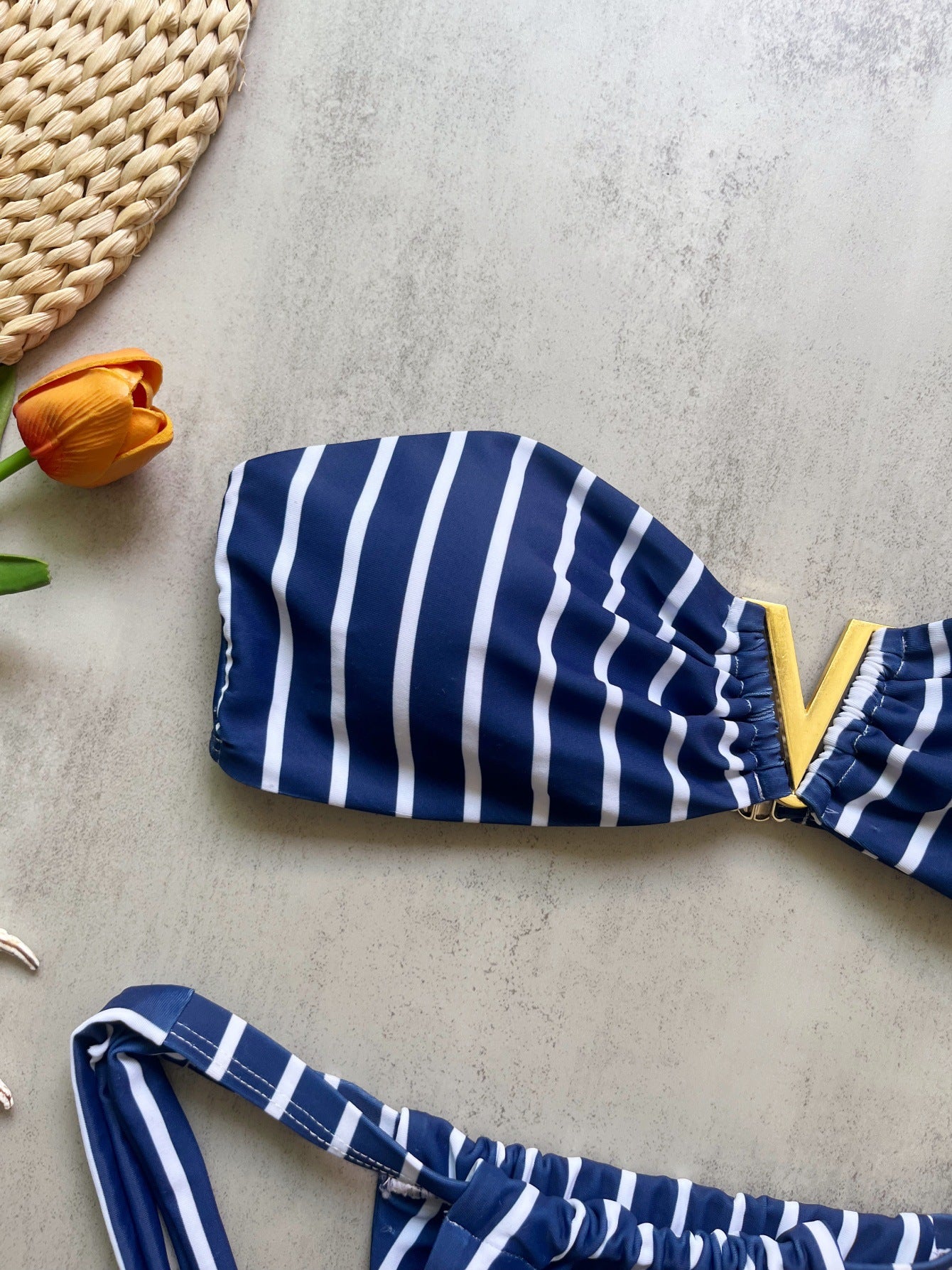 Striped Strapless Ruched Tie Bikini Set | Boho Beach Swimsuit | 3 Colors | Sizes S-L