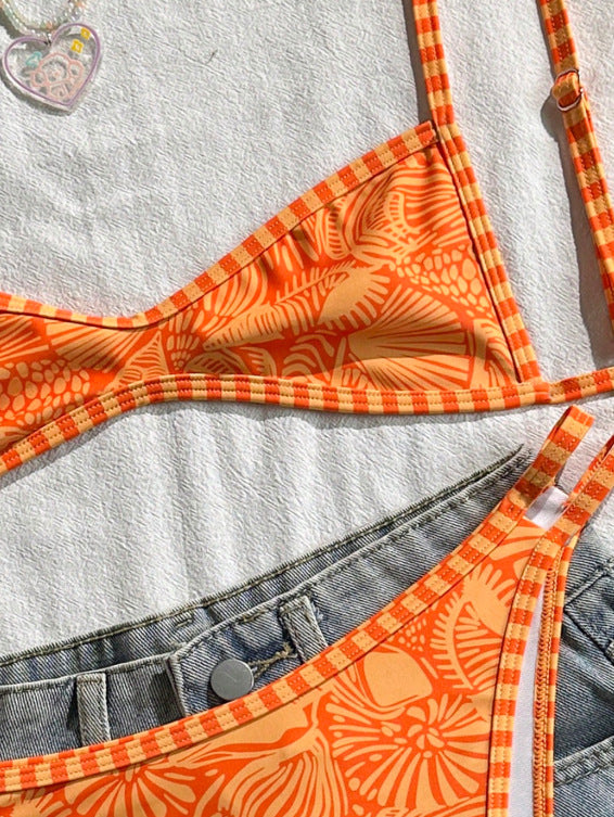 Printed Spaghetti Strap Cutout Bikini Set | Boho Beach Vacation Swimsuit | Orange | Sizes S-XL
