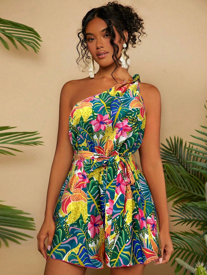 One Shoulder Printed Dress - Asymmetric Belted Mini Dress