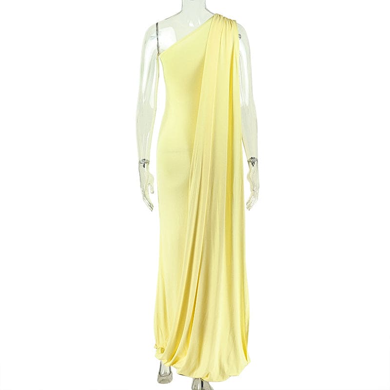 Women's One-Shoulder Ruched Maxi Dress – Asymmetric Sleeveless Bodycon Dress