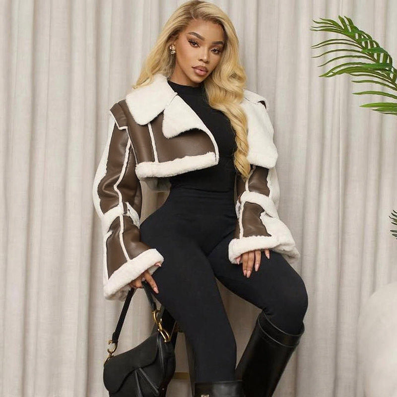Faux Shearling Color Block Crop Jacket