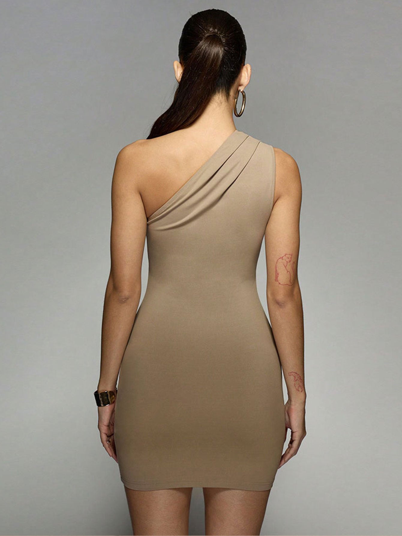 Diagonal Collar Mini Dress: Asymmetrical Sheath Style with Cropped Hem