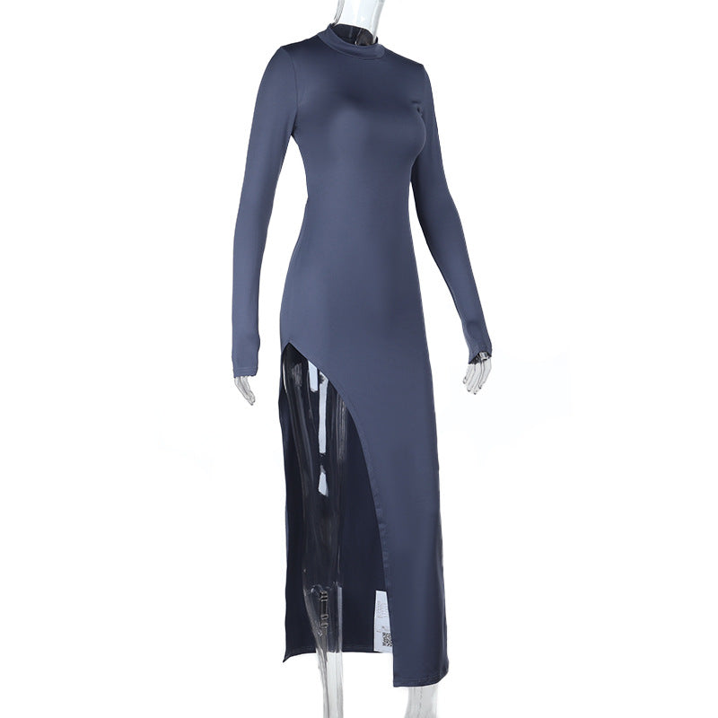 Sexy Half Turtleneck Evening Gown: Slim Fit Backless Long Sleeve Split Maxi Dress