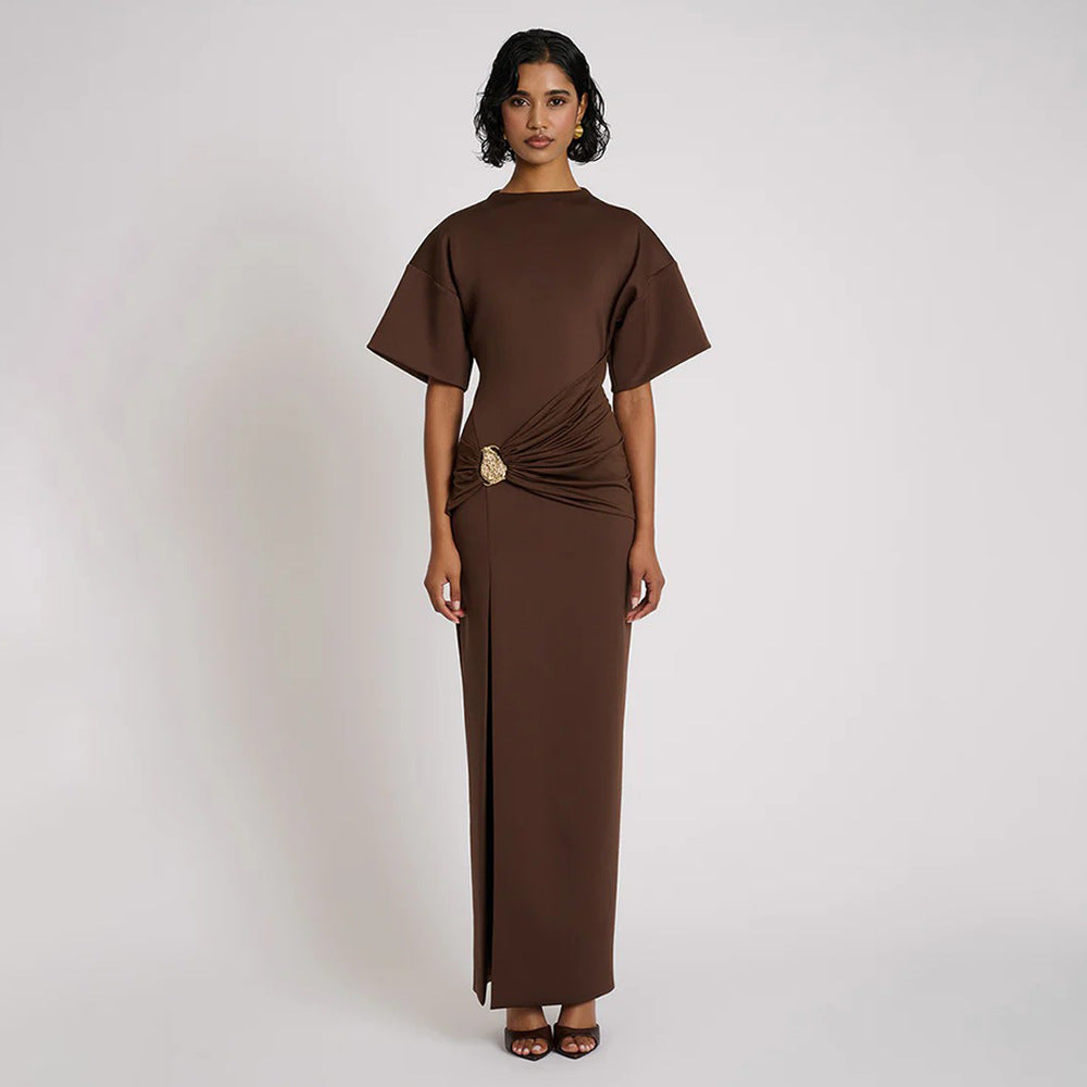 Pleated High Split Maxi Dress: Round Neck Bodycon Slim Fit for Women