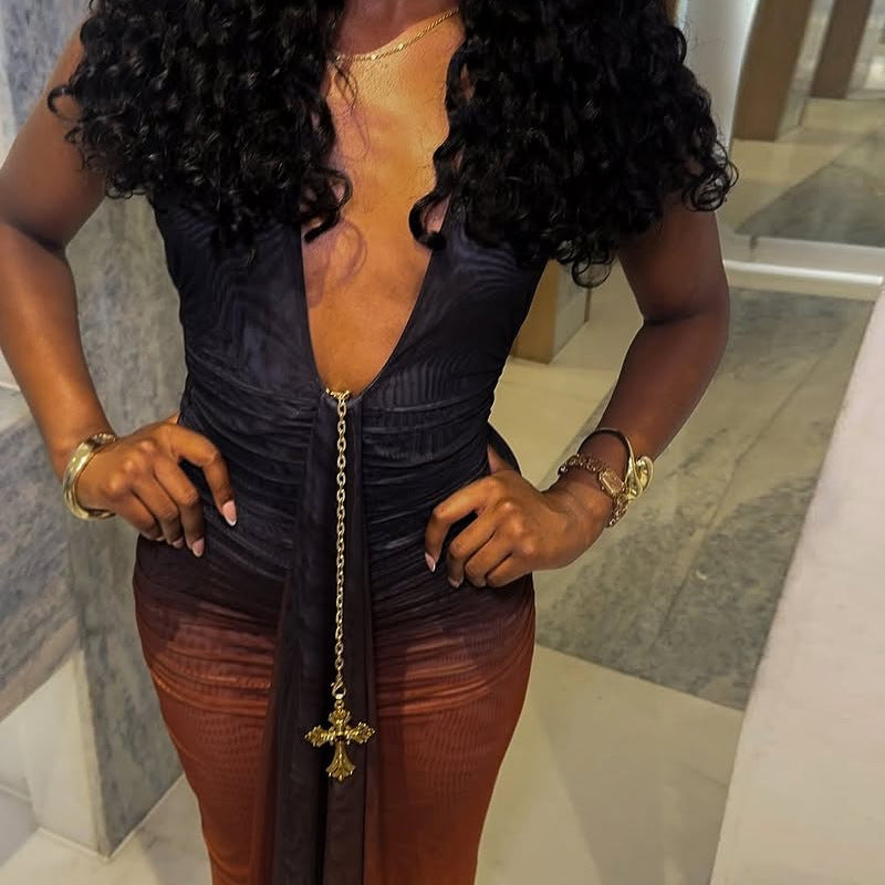 Contrast Color Backless Dress: Deep V-Plunge Slim Fit Bodycon