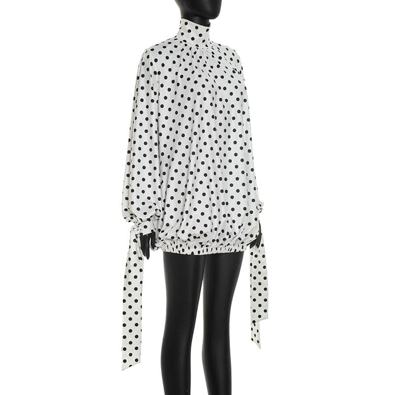 Women's Polka Dot Long Sleeve Mini Dress – High Neck Drawstring Bodycon Dress